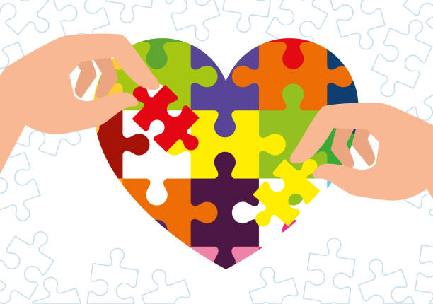illustrazioni stock, clip art, cartoni animati e icone di tendenza di giornata mondiale dell'autismo con cuore di pezzi puzzle - design month part of puzzle