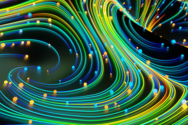 istock Neon glowing twisted cosmic lines on the glossy surface. Turbulence curls flow colorful motion. Fluid and smooth astronomy vortex swirl structure. 3d rendering Abstract creative modern background 1209129640