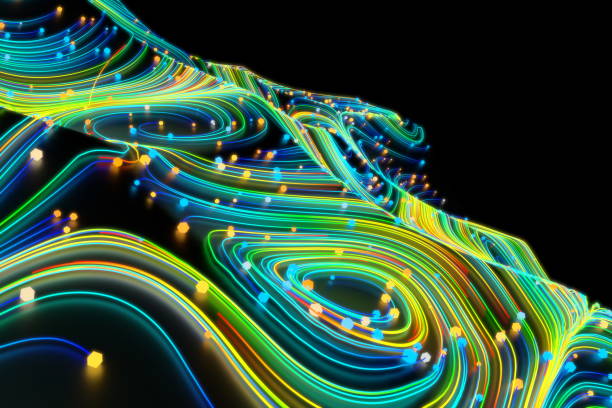 istock Neon glowing twisted cosmic lines on the glossy surface. Turbulence curls flow colorful motion. Fluid and smooth astronomy vortex swirl structure. 3d rendering Abstract creative modern background 1209129668