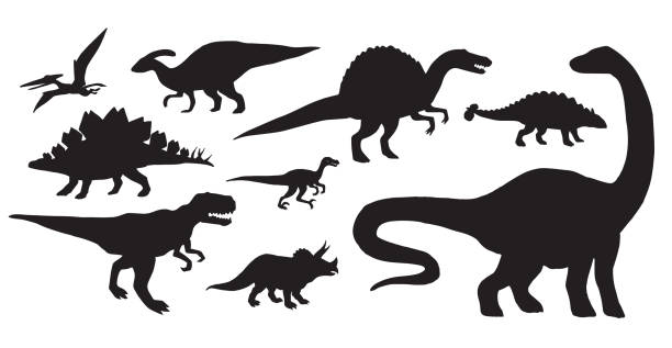 illustrazioni stock, clip art, cartoni animati e icone di tendenza di fascio vettoriale di dinosauri neri silhouette - nobody animals in the wild lizard reptile