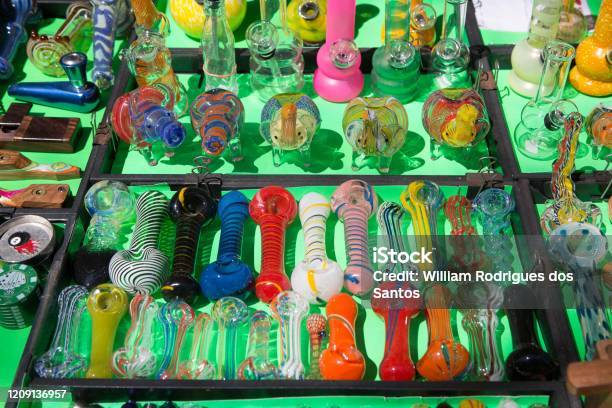 Various Types Of Glass Smoking Pipes For Marijuana For Sale Stock Photo - Download Image Now