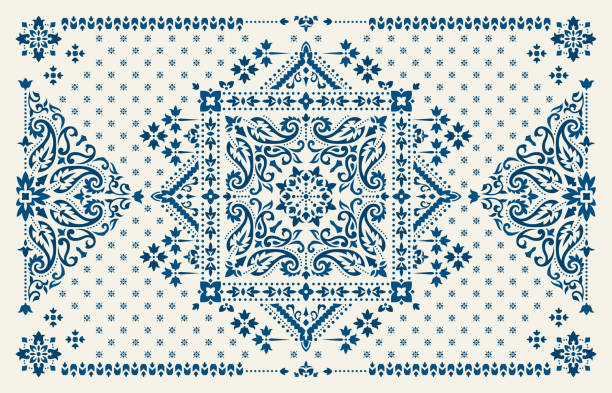 ilustrações, clipart, desenhos animados e ícones de projeto vetorial retangular bandana print para tapete, tapete, tapis, xale, toalha, têxtil, tapete de yoga. cachecol do pescoço ou design de padrão de lenço. padrão étnico ornamental tradicional com paisley e flores. - pattern cube repetition backgrounds