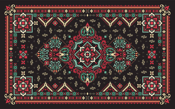 ilustrações, clipart, desenhos animados e ícones de projeto vetorial retangular bandana print para tapete, tapete, tapis, xale, toalha, têxtil, tapete de yoga. cachecol do pescoço ou design de padrão de lenço. padrão étnico ornamental tradicional com paisley e flores. - pattern cube repetition backgrounds