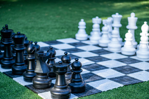 Big, garden chess set on the lawn stock photo