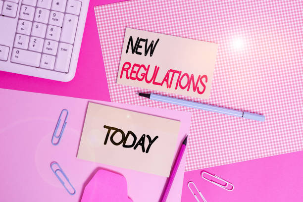 istock Word writing text New Regulations Question. Business concept for rules made government order control way something is done Writing equipments and computer stuffs placed above colored plain table. 1209147655