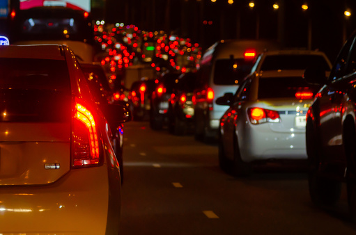 Car at night and traffic jams.