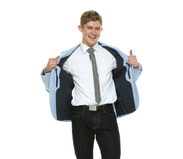 caucasian boys business person in front of white background wearing smart casual - thank you excitement waist up horizontal imagens e fotografias de stock