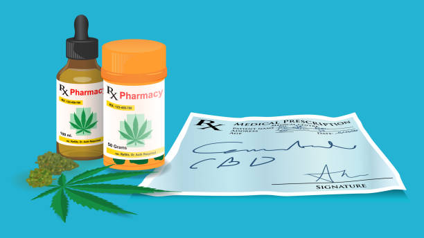 ilustrações de stock, clip art, desenhos animados e ícones de marijuana for medication. a botele of hemp leaves and flower and a bottle of cannabis cbd oil with medical prescription flat style vector illustration - medicated