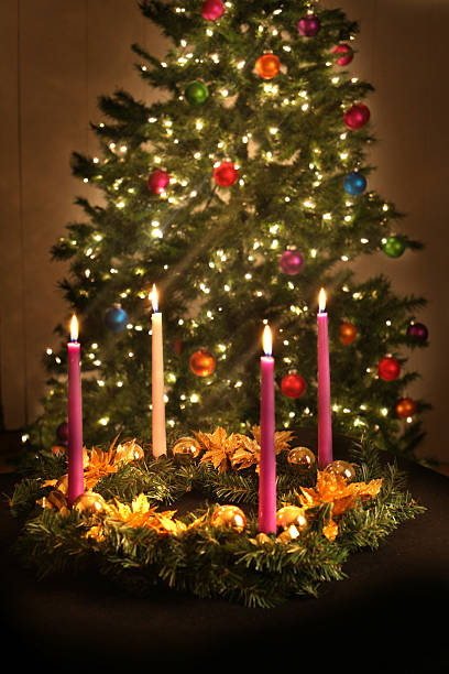 advent wreath and christmas tree stock photo