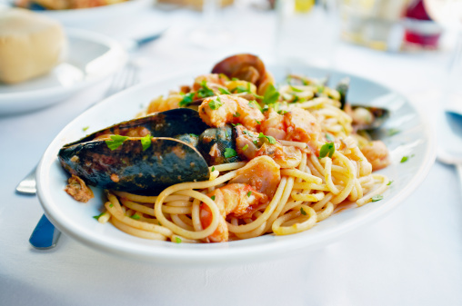 Serving of Mediterranean frutti di mare or seafood pasta