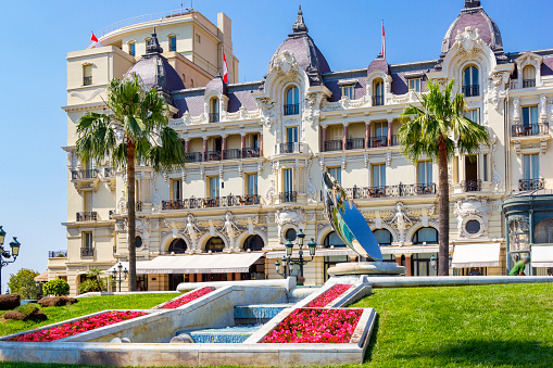 Monaco, Monaco - June 10, 2014: View of Hotel De Paris Montmartre near casino of Monte-Carlo in principality of Monaco, southern France