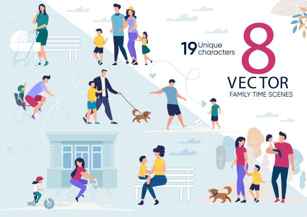 Happy Parenthood Trendy Flat Vector Concepts Set Family Time, Parents with Children Outdoor Walk, Active Lifestyle, Summer Recreation Scenes, Father and Mother Lifestyle Situations, Happy Parenthood Concepts Trendy Flat Vector Illustrations Set family outdoors stock illustrations