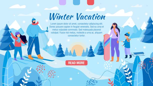 Winter Vacation for Family Advertising Webpage Active Winter Vacation for Family Advertising Webpage Banner. Happy Mother, Father and Children Skiing, Snowboarding, Sledding Together. Weekends on Mountain Resort. Vector Illustration snowboarding snowboard women snow stock illustrations