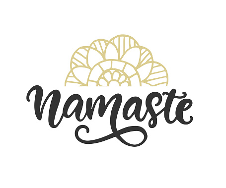 Namaste hand written modern calligraphy,  vector lettering illustration with flower Mehndi henna mandala. Yoga studio logo, Indian festival emblem. Invitation, t shirt, poster, greeting card design.