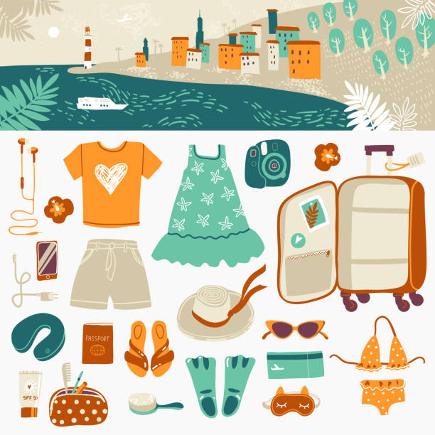 reise-illustrationen elemente, verpackung des koffers im urlaub auf see und horizontale landschaft kopf. - fashion group of objects shoe boot stock-grafiken, -clipart, -cartoons und -symbole