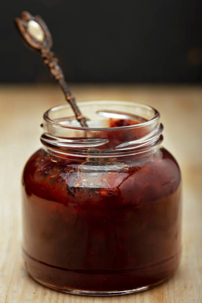 jar, jelly, fruit, red currant, food, raspberry, red plum, red pepper, spread, strawberry - strawberry blueberry raspberry glass imagens e fotografias de stock