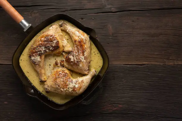 Photo of duck leg, fried duck, cast iron skillet, oven fried, southern fried, baked chicken recipe