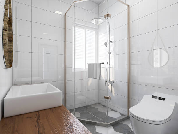 istock 3D rendering,Clean modern residential bathroom and toilet design, which is equipped with washstand, toilet and shower equipment, etc. 1209185590