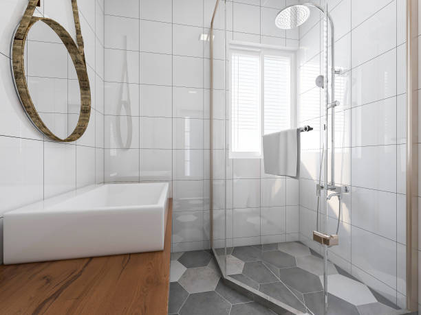 istock 3D rendering,Clean modern residential bathroom and toilet design, which is equipped with washstand, toilet and shower equipment, etc. 1209185591
