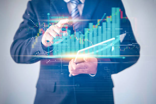 istock businessman white suit present information chart of stock 1209185691