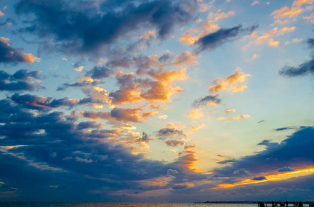 Beautiful sky with clouds over the sea at dawn. Natural background