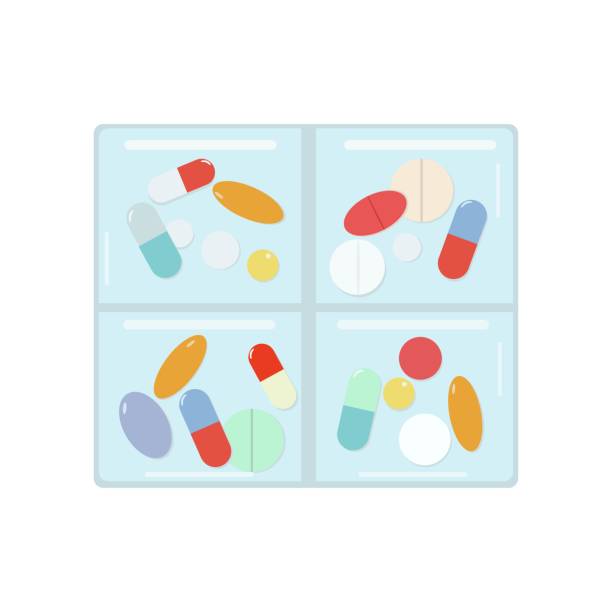 Medicine pill box. Medicine organizer. Daily pill oranaizer. Pill container. Medicine pill box. Medicine organizer. Daily pill oranaizer. Vector illustration. pill organizer stock illustrations