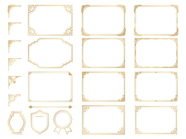 goldene verzierte rahmen und scrollelemente. - dekoration stock-grafiken, -clipart, -cartoons und -symbole