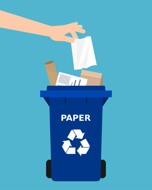 ilustrações de stock, clip art, desenhos animados e ícones de hand throwing a paper into a recycle bin. - recycling paper garbage newspaper