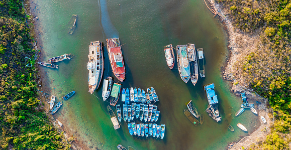 Aerial view of sunk ships in coastline, Sai Kung, Hong Kong, outdoor, daytime