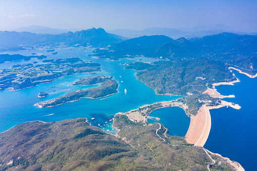 wide angle aerial view of high island reservoir, far south eastern part of Sai Kung Peninsula, Hong Kong, outdoor, daytime