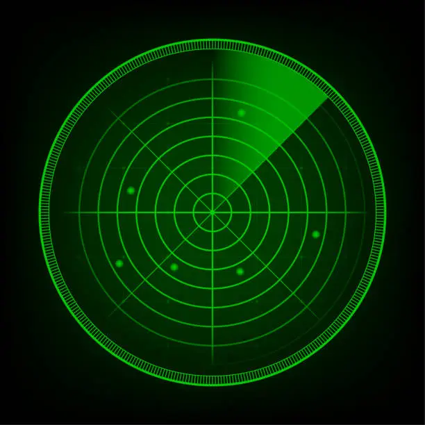 Vector illustration of Realistic radar in searching. Radar screen with the aims. Vector stock illustration.