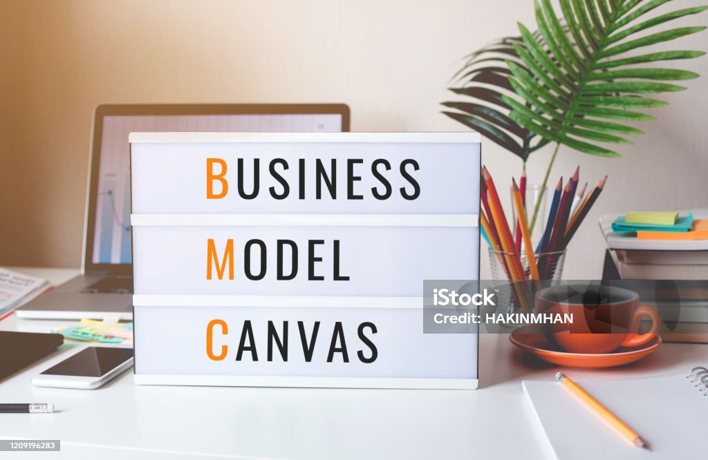 Business Model Canvas concepts with text on light box.process and development. Business Model Canvas concepts with text on light box.process and development.vision to success Sales Pitch Stock Photo