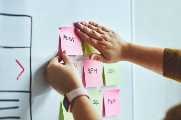 istock Close up of woman web designer planning website ux app development on whiteboard 1209198560