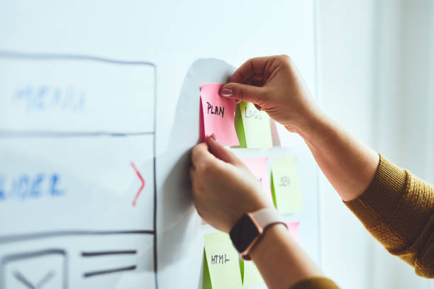 istock Female web designer planning website ux app development on whiteboard 1209198623