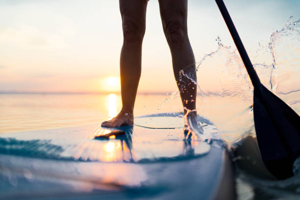 fotografii de stoc, fotografii și imagini scutite de redevențe cu apus de soare paddleboarding pe lac - paddleboard