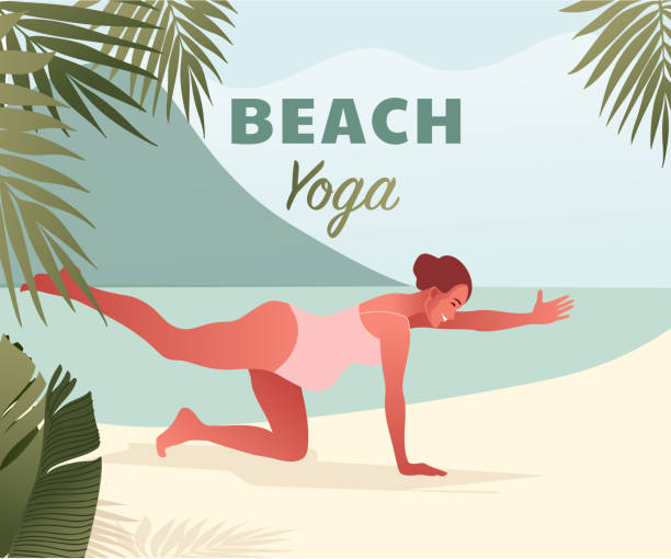 ilustrações de stock, clip art, desenhos animados e ícones de happy pregnant woman doing yoga on the beach. summer retreat. - stretch beach