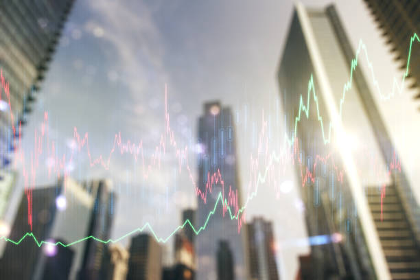 istock Double exposure of abstract financial graph on office buildings background, forex and investment concept 1209203065