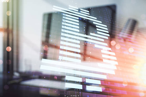 istock Double exposure of creative Bitcoin symbol hologram with computer on background. Mining and blockchain concept 1209203573