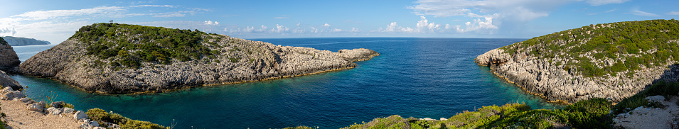 Panoramashot with 6 images of the famous rocky formations Korakonissi in Zakynthos, Greece