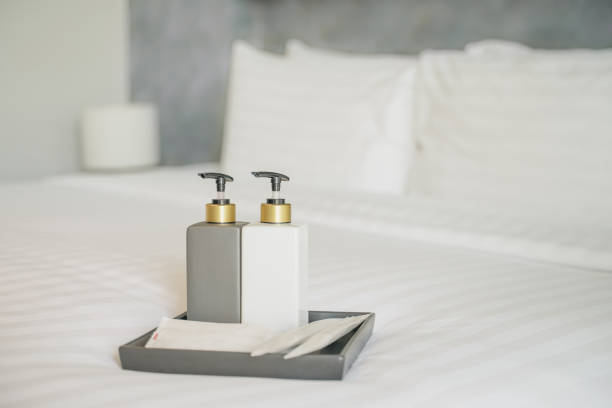 istock set of bathroom accessories on white bed in hotel 1209203836