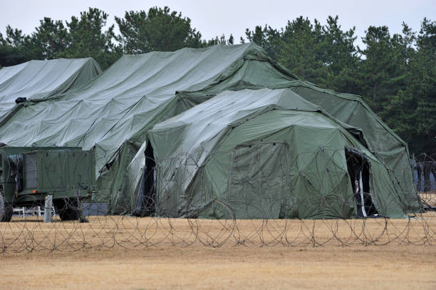 Military barbed-wire fence installed military area.