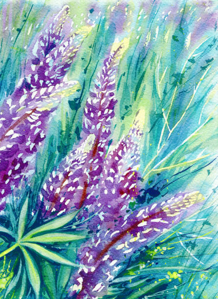 istock Summer flowers green purple background with patterns and watercolor stains blurring 1209205522