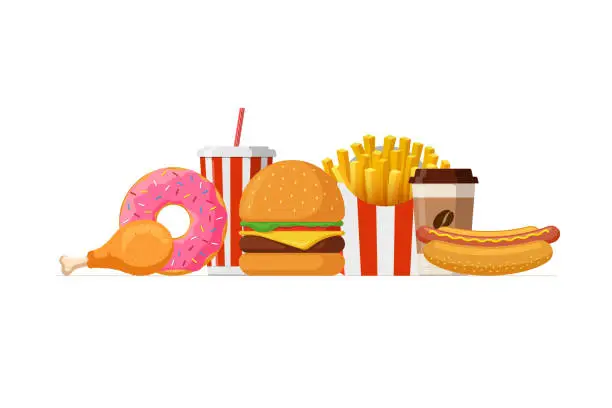 Vector illustration of Fast food lunch meal set. Classic cheese burger, french fries pack, fried crispy chicken leg, glazed donut, soft drink, coffee cup and hot dog. Flat vector illustration