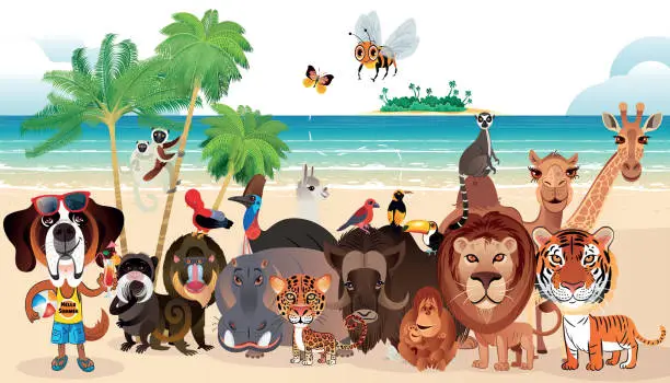 Vector illustration of Cute animals on the beach