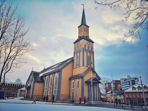 Tromso, Norway - February 8, 2020: Tromso Cathedral in Winter, Tromso, Troms county, Norway