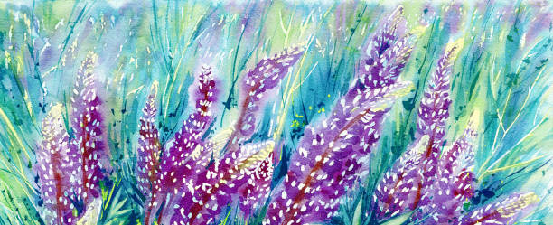 istock Summer flowers green purple background with patterns and watercolor stains blurring 1209206766