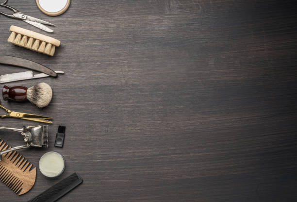 istock Classic grooming and hairdressing tools on wooden background. 1209206971
