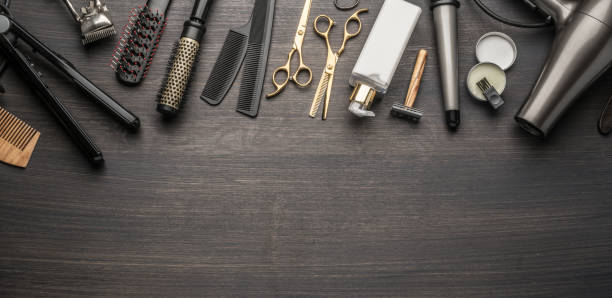 istock Classic grooming and hairdressing tools on wooden background. 1209207170