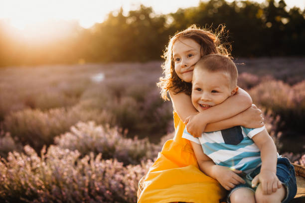 Careful sister embracing her small brother while posing against the sunshine with a lavender field on background Careful sister embracing her small brother while posing against the sunshine with a lavender field on background sibling stock pictures, royalty-free photos & images