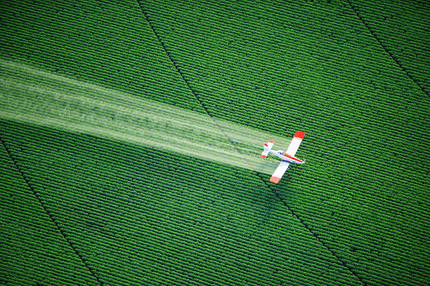 Crop Duster in Action An overhead view of a crop duster spraying agricultural chemicals on a farm field. crop duster plane stock pictures, royalty-free photos & images